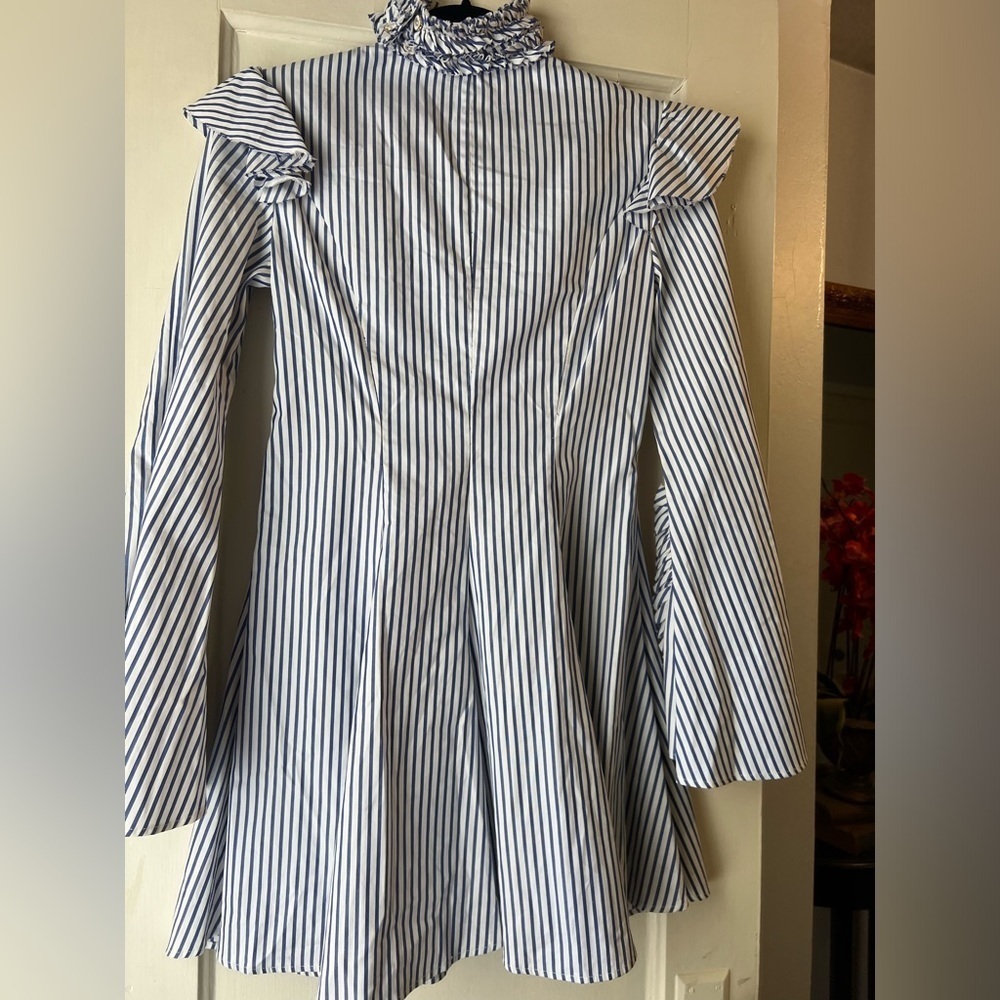 Caroline Constas Micki Choker V Neck Cotton Striped Ruffle Dress 4 - Picture 8 of 13